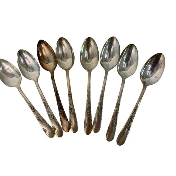 Bridal Wreath Vintage 50s Oneida Silver Plate Floral Pattern Teaspoons Set Of 8 - Picture 1 of 6
